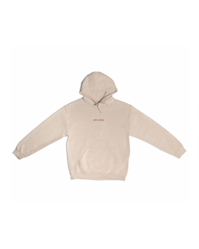 Light beige hoodie with 'AVEC AMOUR' printed in red on the chest.