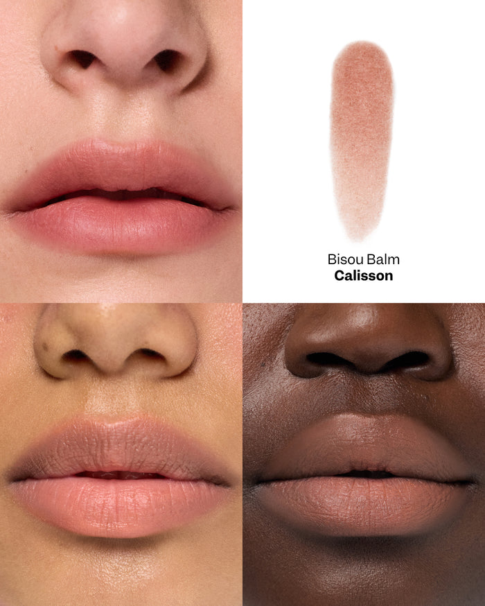 Bisou Balm Calisson. Swatch of a peachy-pink lip product, shown on lips of models with light, medium, and deep skin tones.