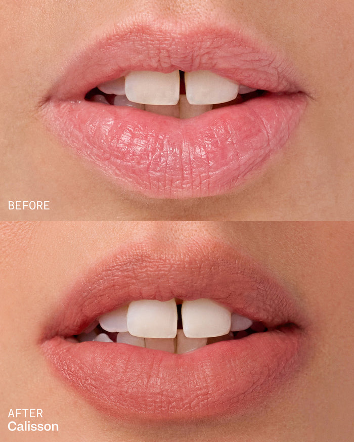 BEFORE: Natural, slightly pink lips on a light skin tone. AFTER Calisson: The same lips with a matte, warm peachy-pink lipstick applied.