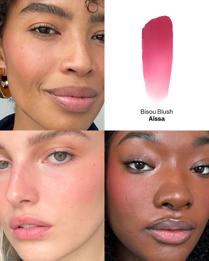 Bisou Blush Aïssa shown as a pink swatch and applied to the cheeks of models with light, medium, and deep skin tones.