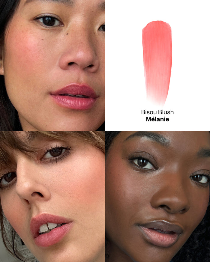 Bisou Blush Mélanie is shown as a peachy-pink swatch and worn on the cheeks and lips of models with light, medium, and deep skin tones.
