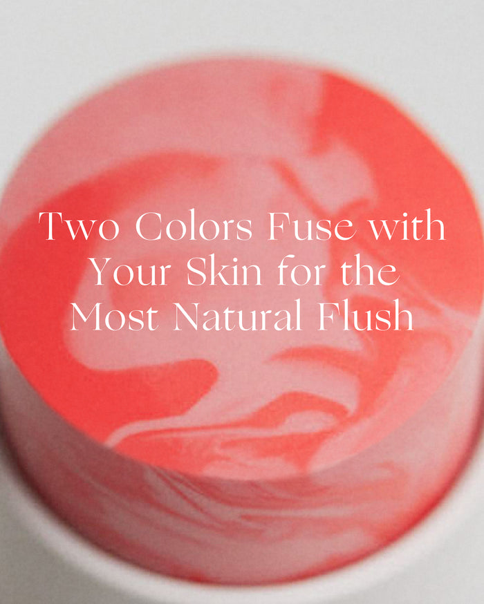 Two Colors Fuse with Your Skin for the Most Natural Flush. A round cosmetic product with swirled coral-red and soft pink shades.