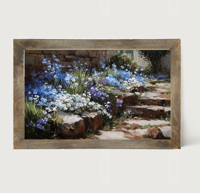 Blue Flowers along Pathway - Framed Art