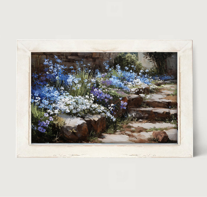 Blue Flowers along Pathway - Framed Art