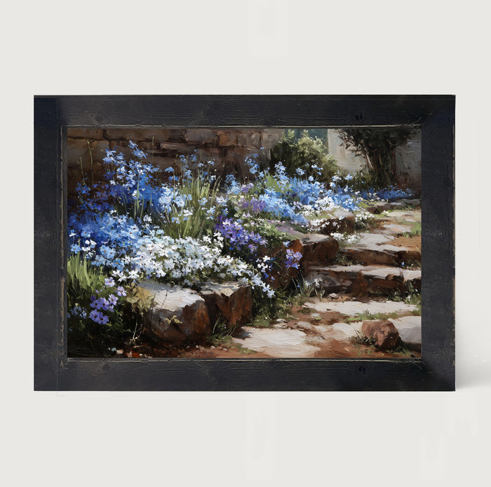Blue Flowers along Pathway - Framed Art