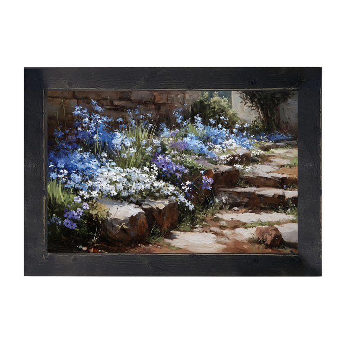 Blue Flowers along Pathway - Framed Art