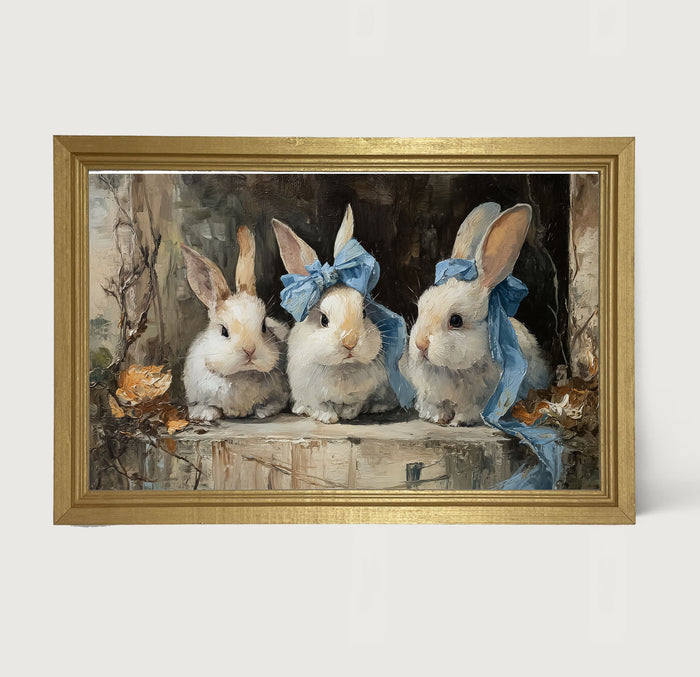 Bunnies with Blue Bows in Doorway