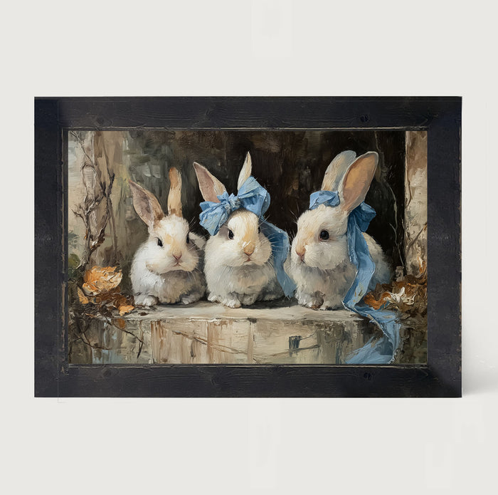Bunnies with Blue Bows in Doorway