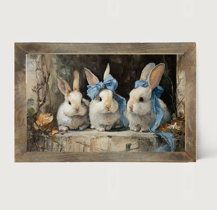 Bunnies with Blue Bows in Doorway