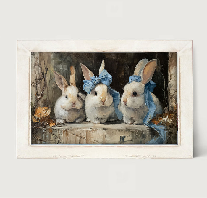 Bunnies with Blue Bows in Doorway