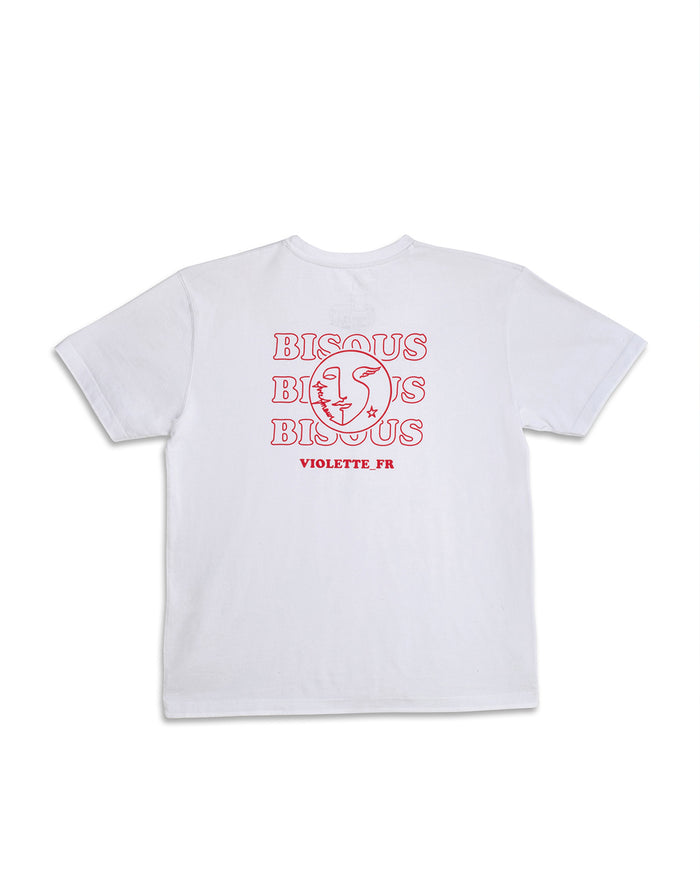 White t-shirt with a red graphic on the back featuring "BISOU BISOU BISOU" and an abstract face design, with "VIOLETTE_FR" below.
