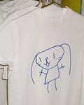 White t-shirt with a blue childlike drawing of a bunny-like figure. The collar tag reads: 'XX SMALL This T-shirt is made with responsibly sourced fabric and is organic.'