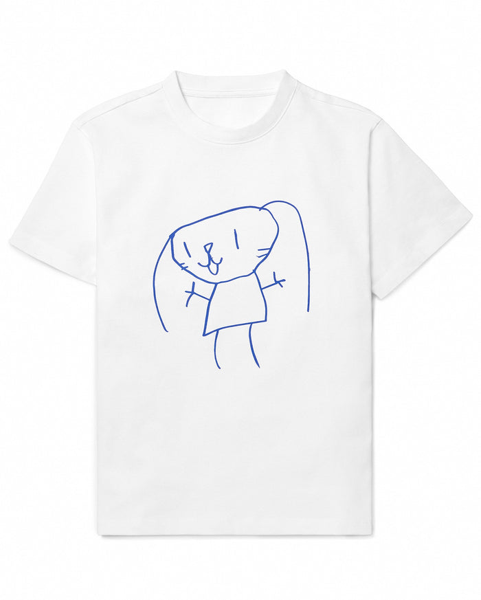 A white t-shirt with a simple, childlike blue line drawing of a bunny-like figure with long ears, a small body, and stick arms on the front.