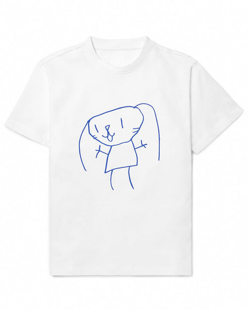 A white t-shirt with a simple, childlike blue line drawing of a bunny-like figure with long ears, a small body, and stick arms on the front.