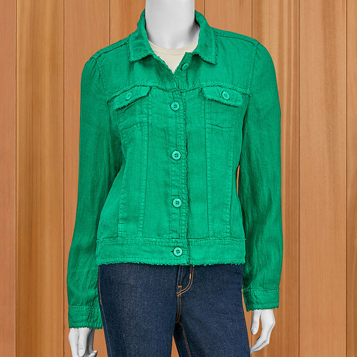 Lulu-B Women's Frayed Linen Jacket, Emerald Green