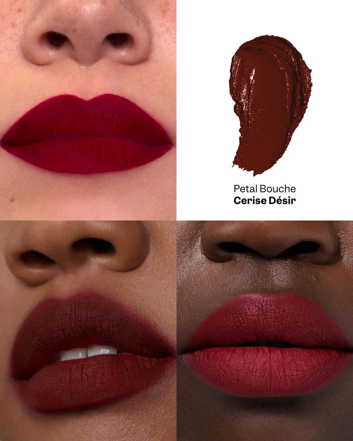 Petal Bouche Cerise Désir lipstick shown on lips of light, medium, and deep skin tones, with a textured swatch.