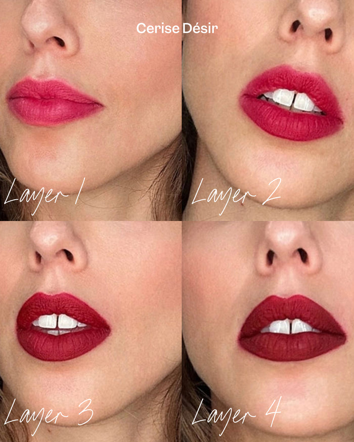 Cerise Désir lipstick applied on medium skin tone lips in four layers: Layer 1 sheer pink-red, Layer 2 brighter red, Layer 3 deeper red, Layer 4 rich opaque dark red.