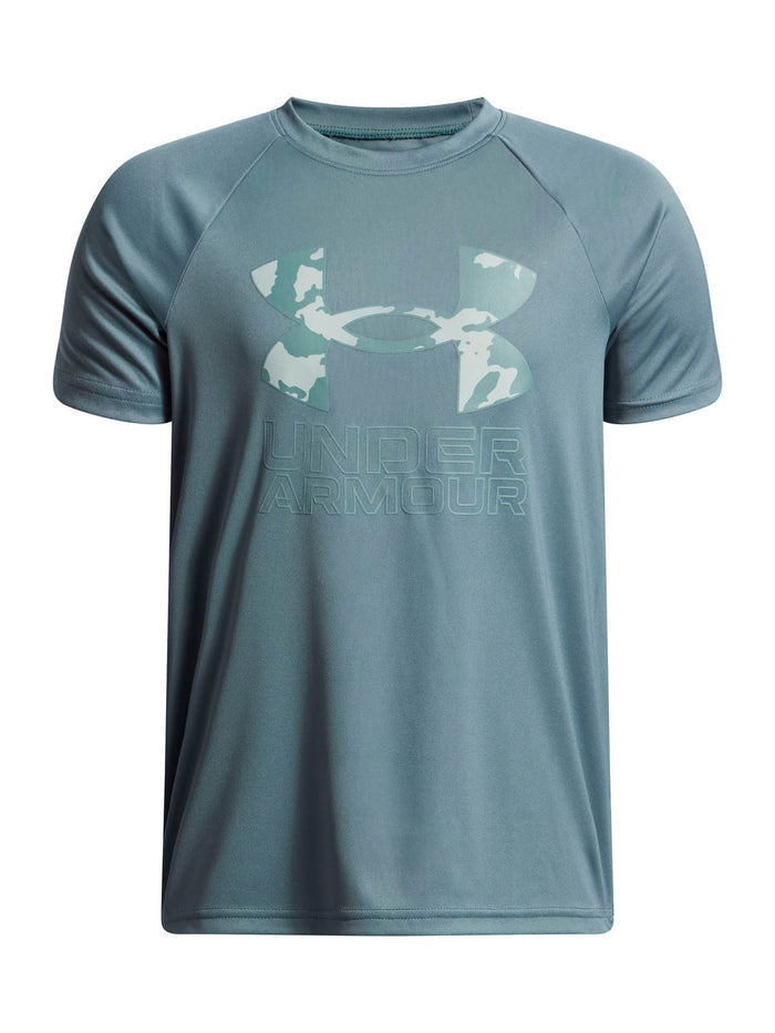 Polera manga corta de Entrenamiento para Niño Tech Hybrid print Azul Under Armour