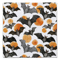 Eco-friendly washcloth featuring a repeating Halloween pattern of bats and polka dots in black, gray, orange, and white.