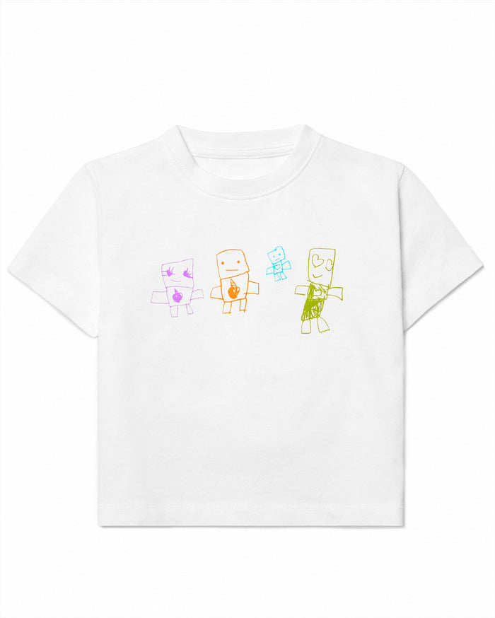 White t-shirt with childlike drawings of four figures: a purple figure with a heart, an orange figure with an apple, a small blue figure, and a green figure with a heart.