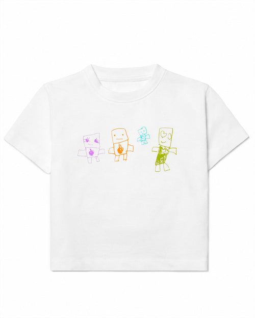 White t-shirt with childlike drawings of four figures: a purple figure with a heart, an orange figure with an apple, a small blue figure, and a green figure with a heart.