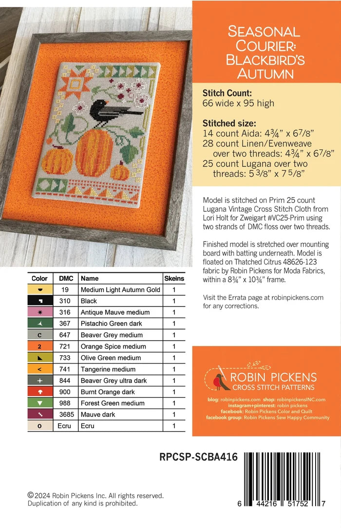 Seasonal Courier: Blackbirds Autumn Cross Stitch Pattern by Robin Pickens - Sewfinity.com
