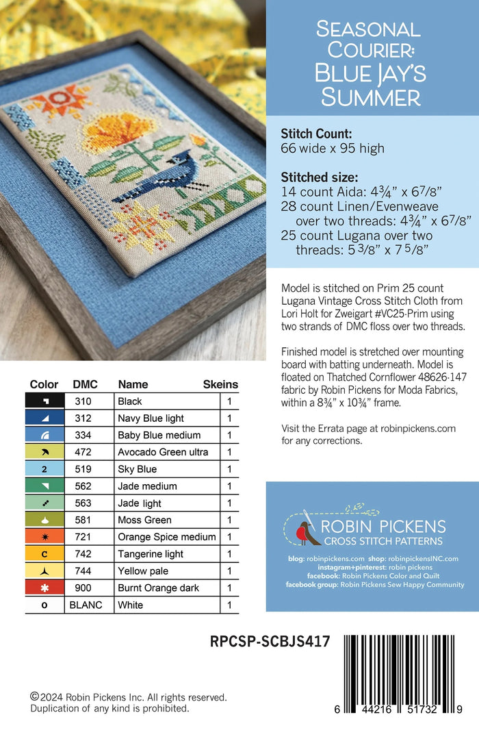 Seasonal Courier: Blue Jays Summer Cross Stitch Pattern by Robin Pickens - Sewfinity.com