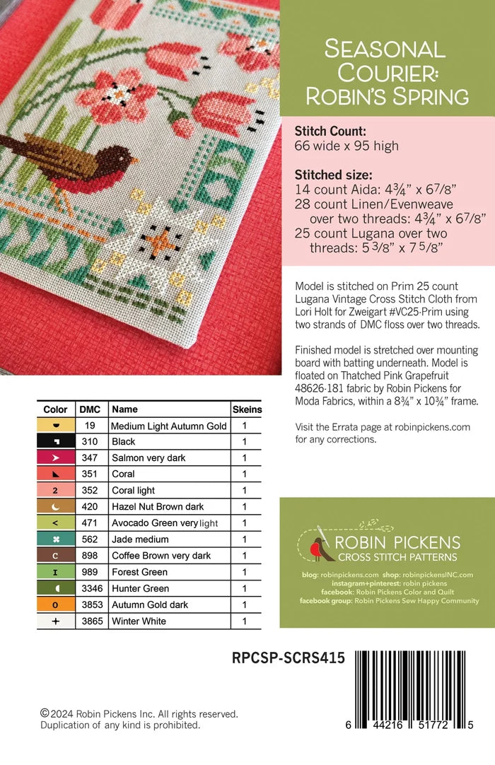 Seasonal Courier: Robins Spring Cross Stitch Pattern by Robin Pickens - Sewfinity.com