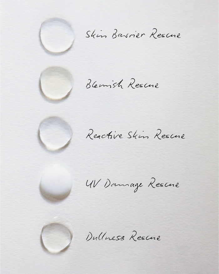 Five skincare product swatches on a white surface, labeled 'Skin Barrier Rescue' (clear), 'Blemish Rescue' (creamy off-white), 'Reactive Skin Rescue' (translucent white), 'UV Damage Rescue' (opaque white), and 'Dullness Rescue' (clear).