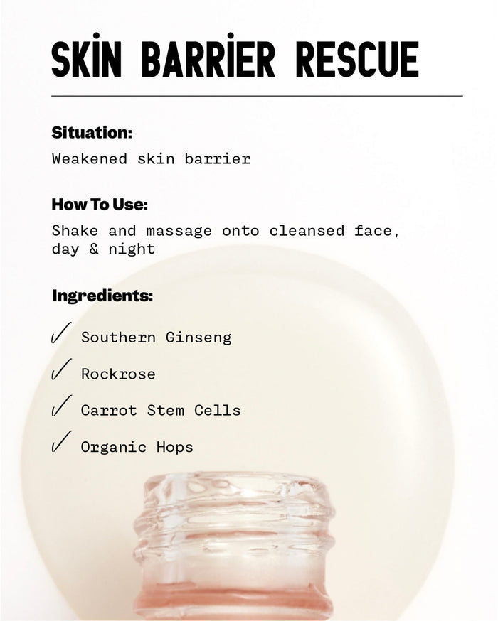 SKIN BARRIER RESCUE product information: Situation: Weakened skin barrier. How To Use: Shake and massage onto cleansed face, day & night. Ingredients: Southern Ginseng, Rockrose, Carrot Stem Cells, Organic Hops. Text is overlaid on a soft-focus image of a clear glass bottle with light pink liquid.