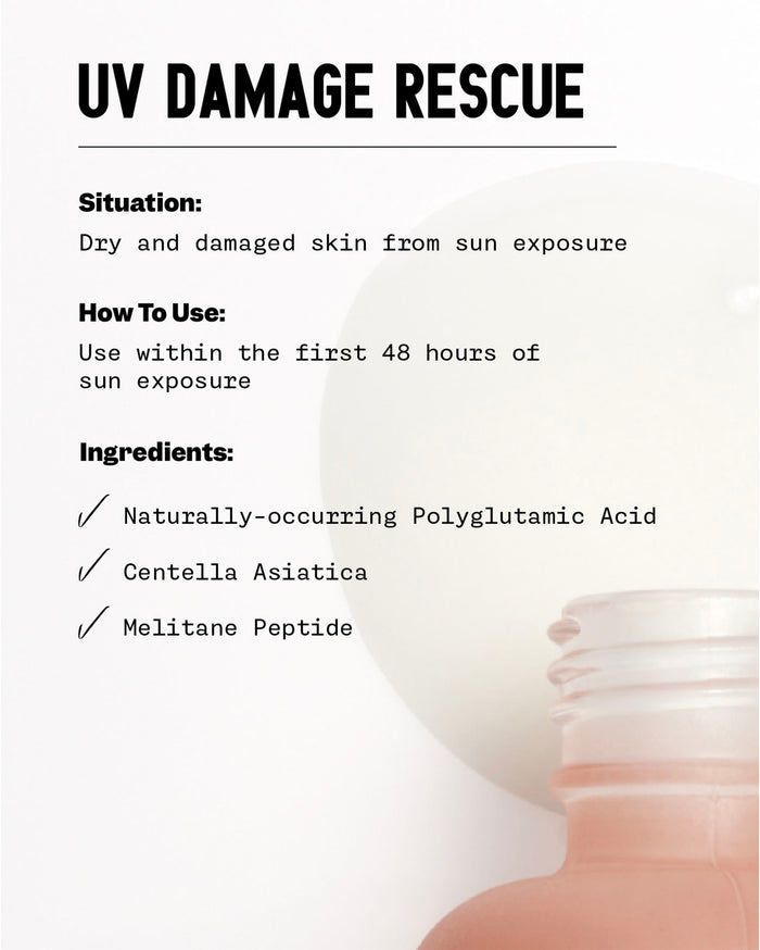 UV DAMAGE RESCUE product information: Situation: Dry and damaged skin from sun exposure. How To Use: Use within the first 48 hours of sun exposure. Ingredients: Naturally-occurring Polyglutamic Acid, Centella Asiatica, Melitane Peptide. This text is displayed over a soft pink product bottle.