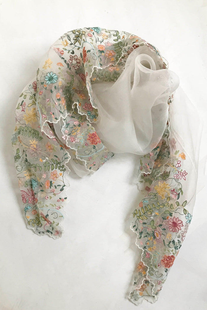 SILK ORGANZA STOLE WITH EMBROIDERED FLORALS