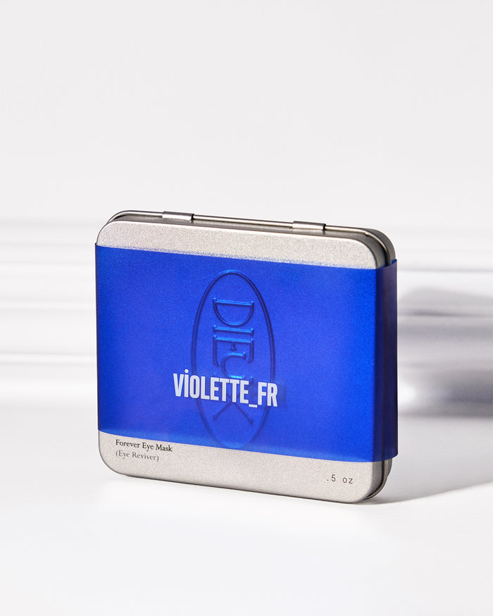 Forever Eye Mask (Eye Reviver) in a silver tin with a bright blue label featuring "DIEU" and "VIOLETTE_FR" text, weighing ".5 oz".