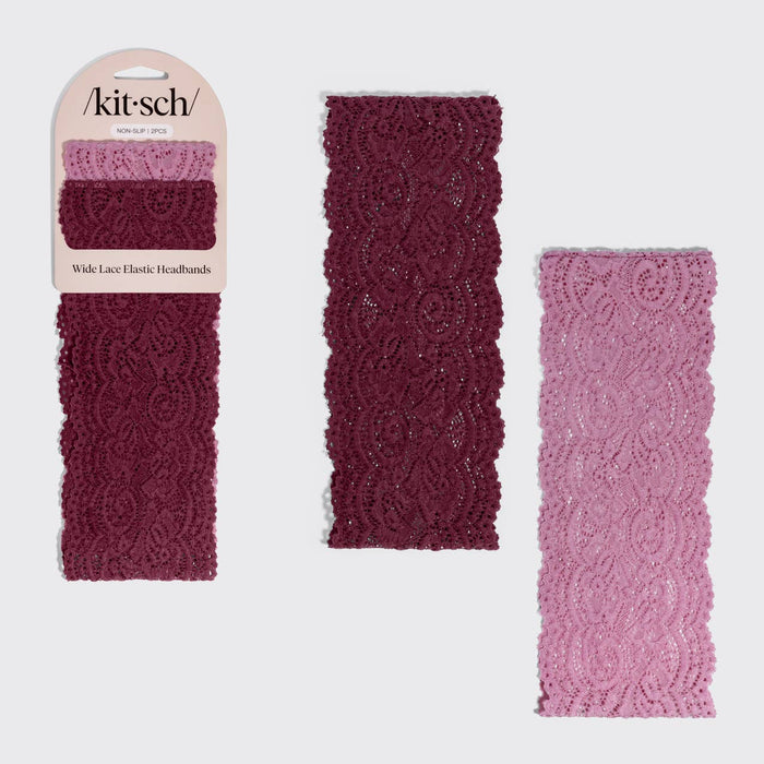 Wide Lace Elastic Headband 2-Pack — Cherry Lacquer & Dusty Pink