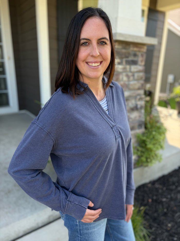 Women's Mineral Wash Polo Collar Pullover Top