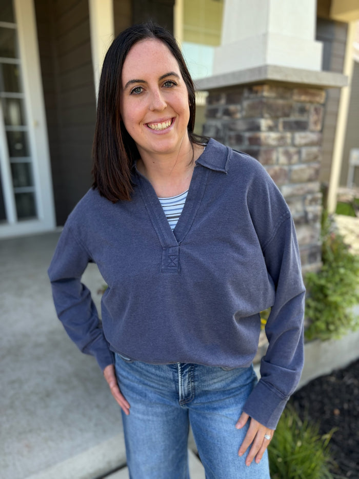 Women's Mineral Wash Polo Collar Pullover Top