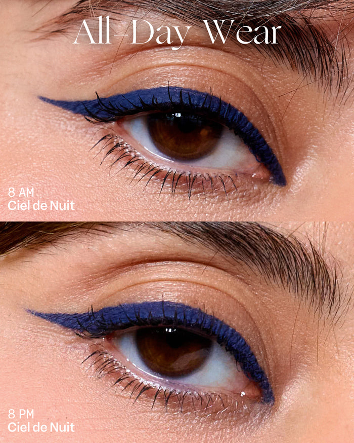 All Day Wear: Ciel de Nuit dark blue winged eyeliner on a medium skin tone eye, shown fresh at 8 AM and still vibrant at 8 PM.
